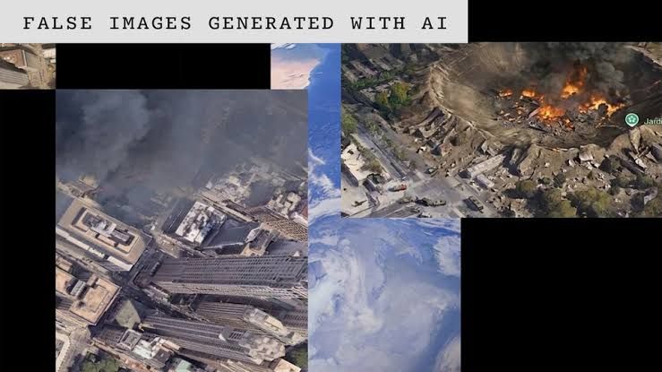 An AI-generated collage of Google Earth images showing fabricated explosions and destruction in urban areas.