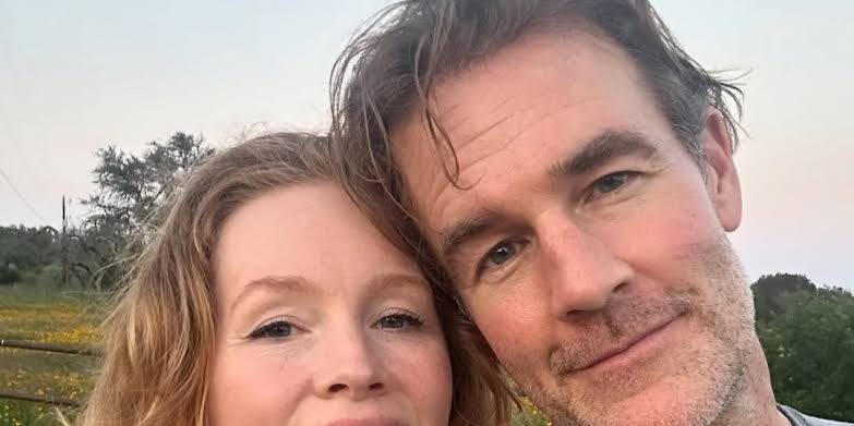 Kimberly Van Der Beek and her late husband James Van Der Beek smiling together in a family portrait.