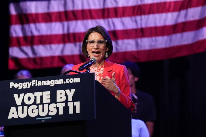 Lt. Gov. Peggy Flanagan speaking at the 2026 DFL State Convention in Rochester, Minnesota.
