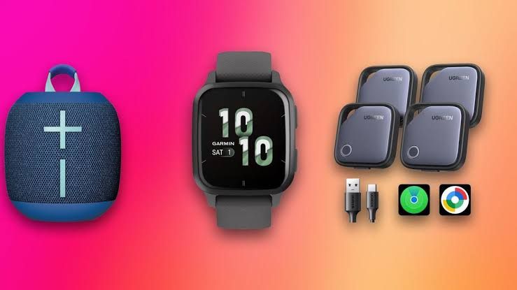 Garmin Venu Sq 2 smartwatch, Ultimate Ears Wonderboom 4 speaker, and a pack of Ugreen trackers on a display.