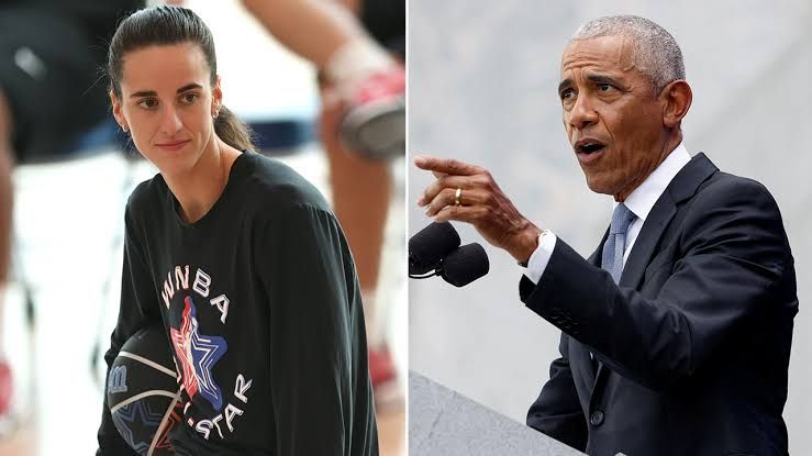 Caitlin Clark and Barack Obama shaking hands and speaking during the WNBA All-Star weekend in Chicago.