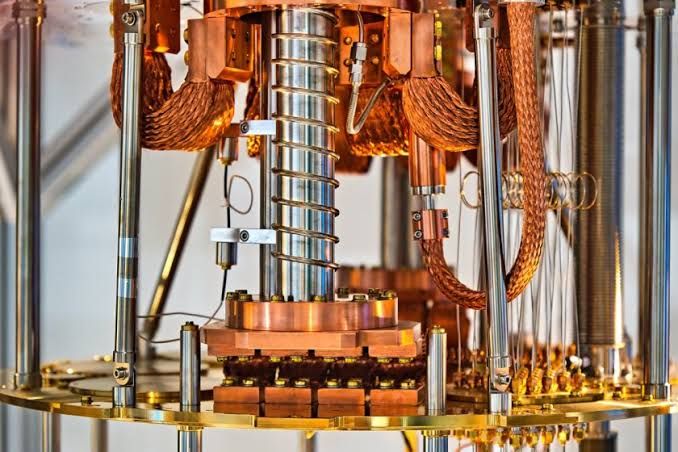 A glowing light ray moving through a futuristic digital space representation of quantum computing.