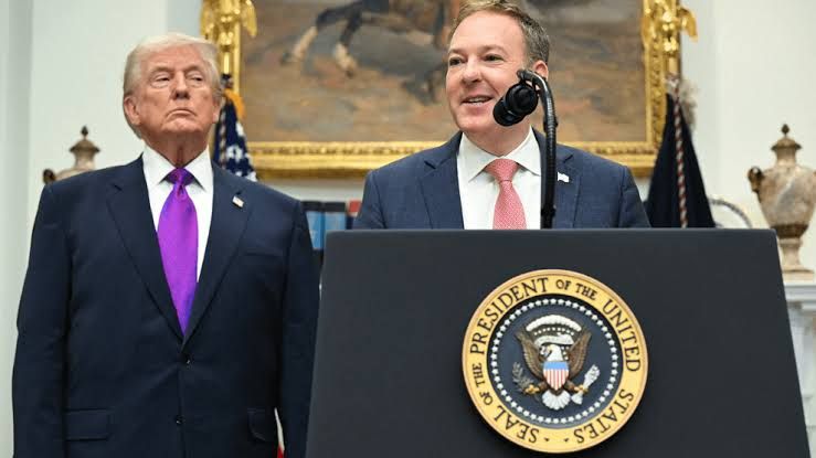 EPA Administrator Lee Zeldin speaking at a podium with the US seal while announcing new environmental policy changes.