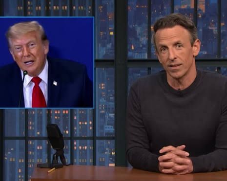 Seth Meyers speaking at his desk on Late Night, criticizing recent White House policy priorities.
