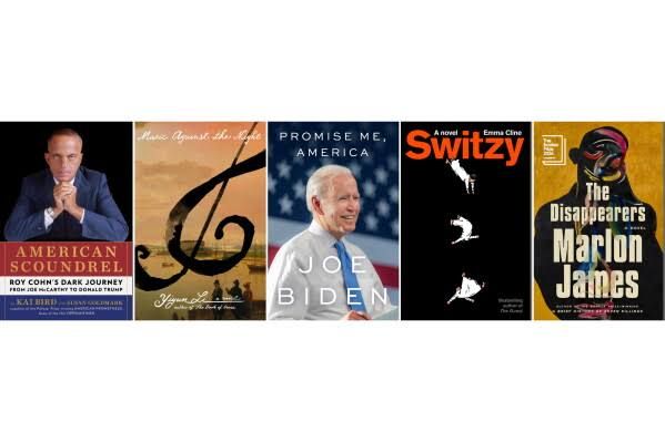 Book covers for works by Marlon James, Kai Bird, Susan Goldmark, Yiyun Li, Emma Cline, and Joe Biden.