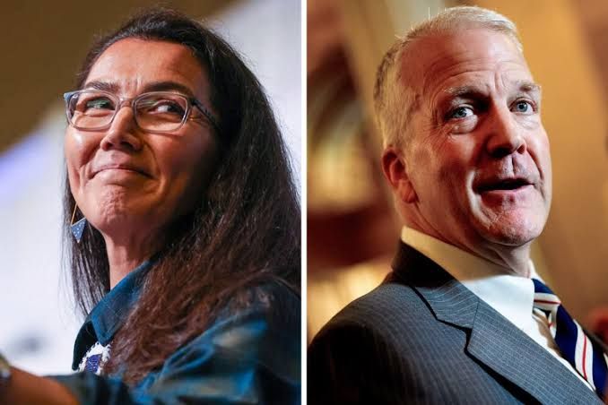 Split screen photo of Senator Dan Sullivan and Democrat Mary Peltola during the Alaska Senate campaign.