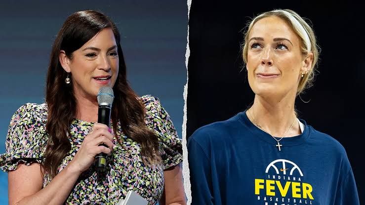 Sarah Spain speaks into a microphone while Indiana Fever guard Sophie Cunningham appears in a team jersey.