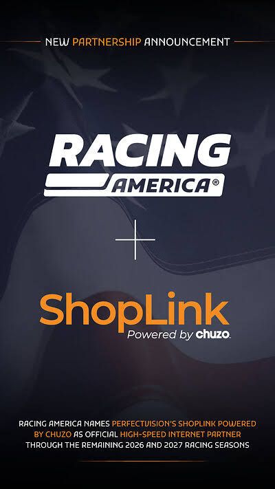 PerfectVision logo displayed alongside Racing America branding to announce their new internet connectivity partnership.