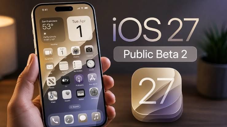 Close up of an iPhone display showing the iOS 27 interface features during a beta testing session.