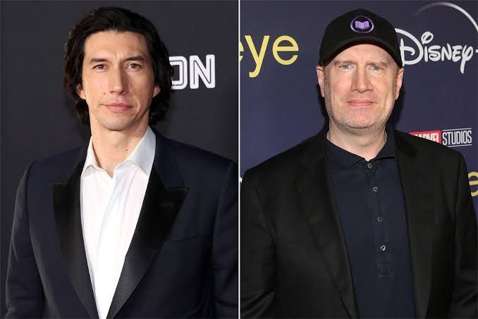Adam Driver and Kevin Feige pictured at separate events, highlighting casting talks for Marvel films.