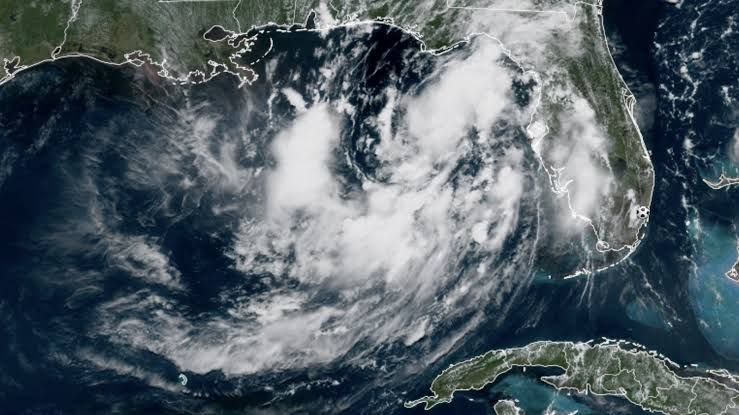 Satellite view of Tropical Depression 2 over the Gulf of Mexico showing large cloud circulation patterns.