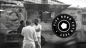 Black and white street photography featuring a NYC food truck alongside the 5 Boro Foto Fest logo.