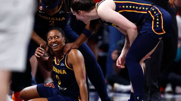 Kelsey Mitchell of the Indiana Fever driving toward the basket during a game against the New York Liberty.