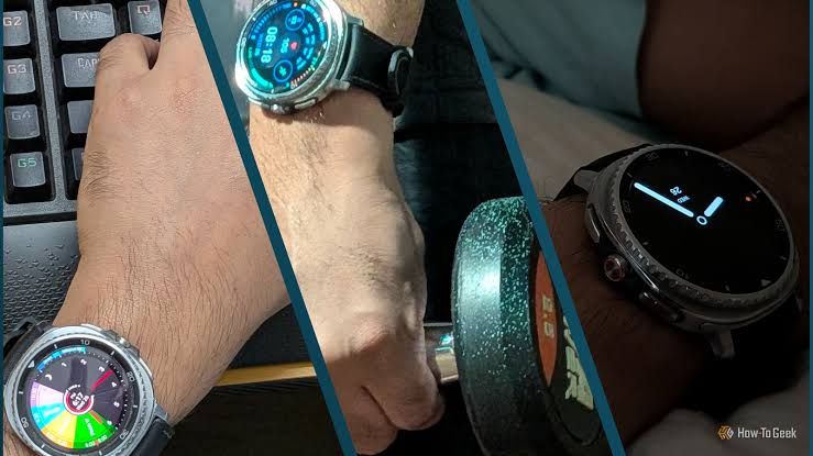Collage of three Samsung Galaxy Watch faces displayed during exercise, office work, and sleep contexts.