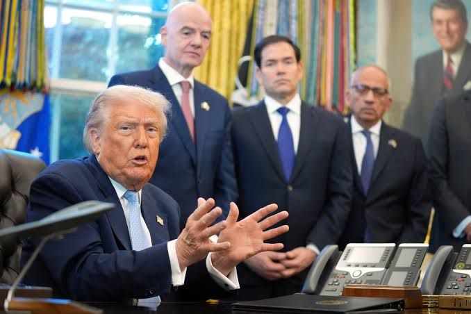 President Donald Trump meeting with FIFA President Gianni Infantino and Carlos Cordeiro at the White House in 2025.