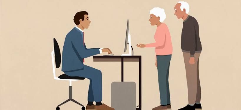 A federal employee reviewing retirement paperwork on a laptop at a home desk to prepare for pension processing.
