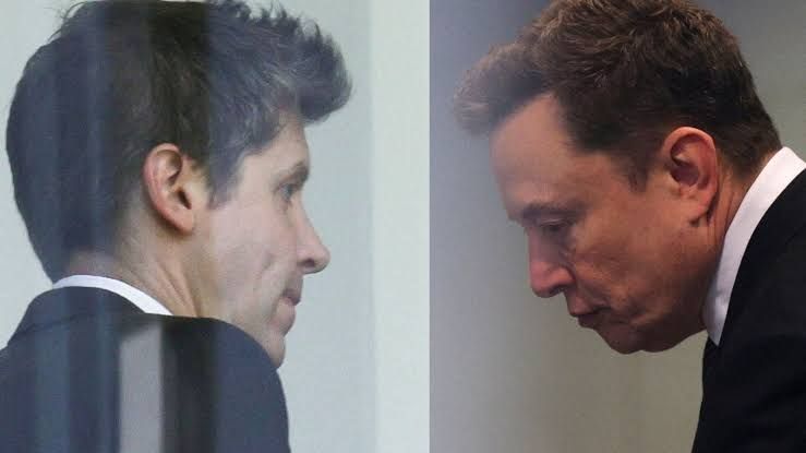 Sam Altman and Elon Musk in separate scenes during the 2026 court trial regarding OpenAI's corporate structure.