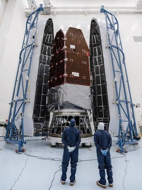 SpaceX Falcon Heavy rocket standing at Launch Complex 39A at Kennedy Space Center before the Roman Telescope launch.