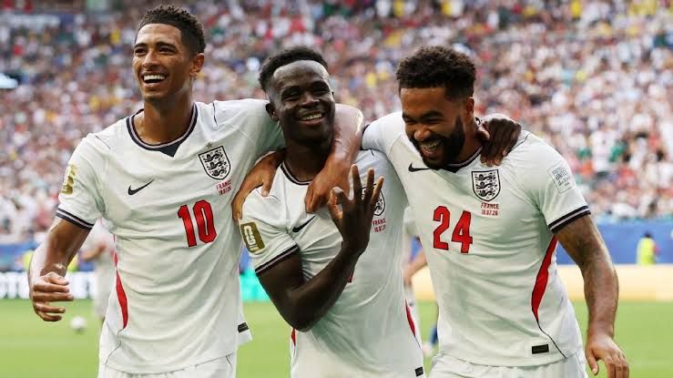 Bukayo Saka celebrates scoring a hat trick during England's 6-4 third-place victory over France.