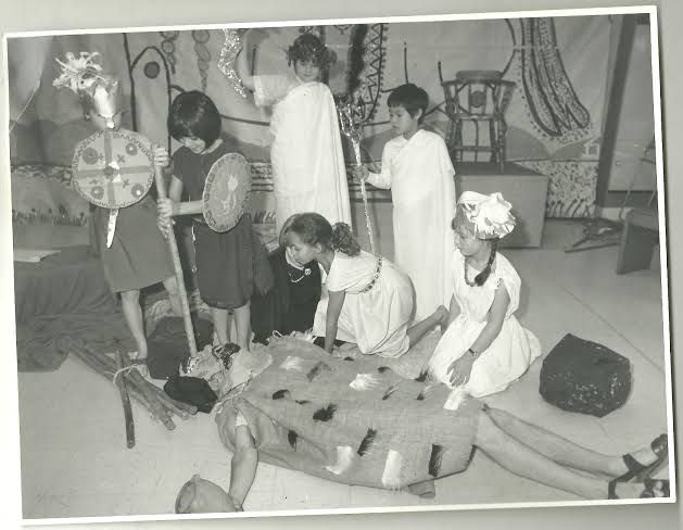 Emily Wilson performing in a children's play of Homer's Odyssey at age eight, depicting a scene with Polyphemus.