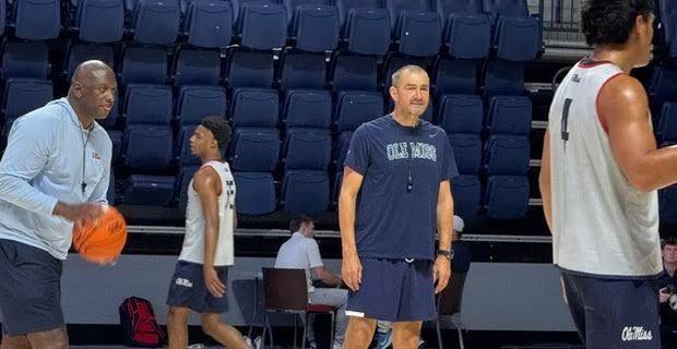Peter Aleksic standing on the court during an Ole Miss basketball practice session in Oxford.