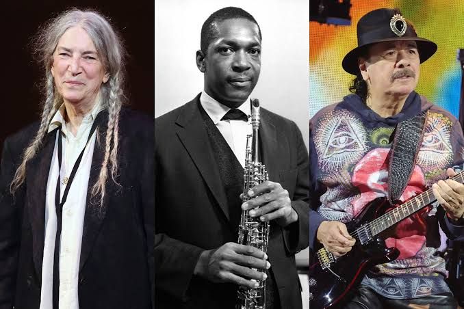 John Coltrane plays his saxophone during a recording session while Patti Smith and Carlos Santana look on.