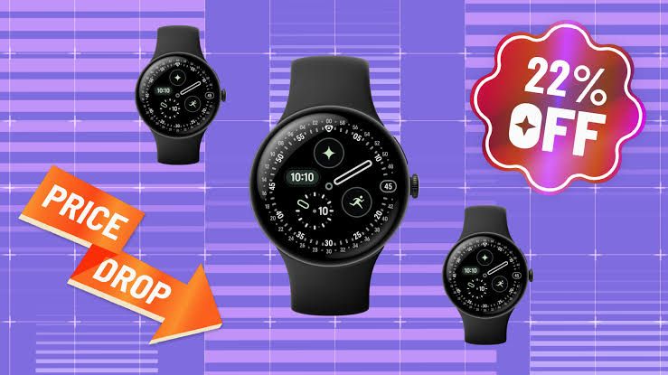 Google Pixel Watch 4 with a domed display showing fitness data metrics on the watch face.