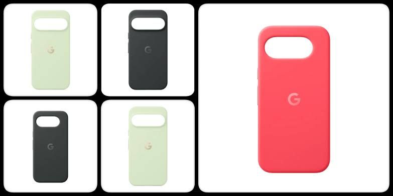 Selection of official Google Pixel 10 series smartphone cases displayed in various colors on a store shelf.