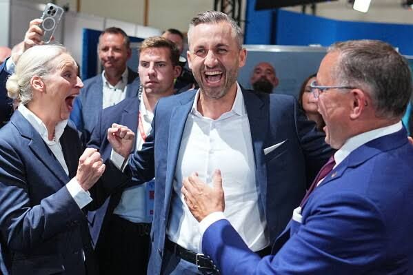 Ulrich Siegmund and party officials celebrate the AfD victory after the Saxony-Anhalt election results.