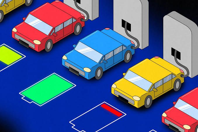 An illustration showing electric vehicles plugged into charging stations in a residential area.